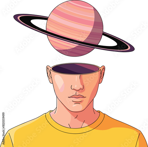 Surreal open mind concept, cosmic imagination, floating planet above head, creative universe inside brain, abstract visionary art, fantasy illustration design