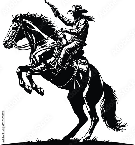 Wild west cowboy riding rearing horse, vintage western illustration, gunslinger silhouette art, rodeo action scene, dramatic outlaw graphic design