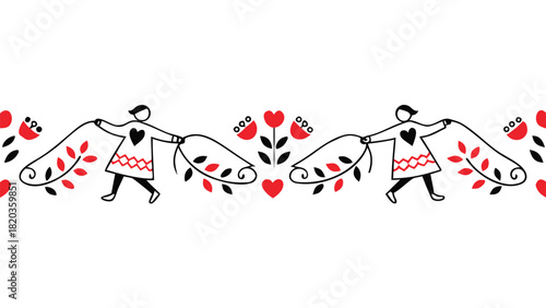 Whimsical folk art border featuring dancing figures and red flowers with black accents