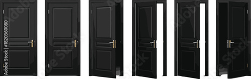 Black wooden door set showing multiple open and closed positions, realistic detailed door illustrations for architecture, interior design, home renovation visuals
