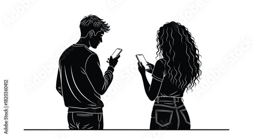 Young couple engrossed in smartphones, connecting via digital devices