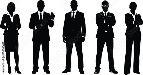 Business professionals standing in formal attire, corporate team silhouettes, leadership concept, teamwork illustration, professional office workers posing in confident group.