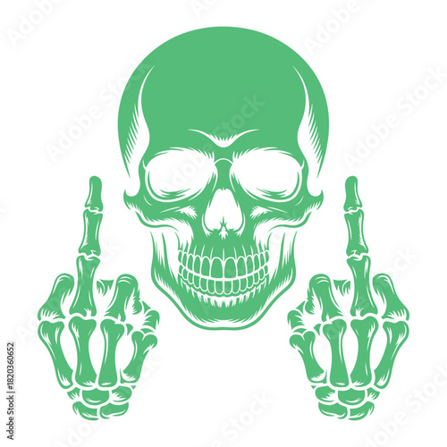 Green skull with skeleton hands giving middle fingers, a bold symbol of rebellion, defiance, and edgy punk rock attitude