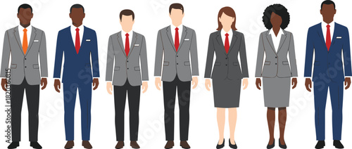 Business team in professional suits standing together, diverse corporate employees, teamwork unity concept, modern office staff illustration for presentations