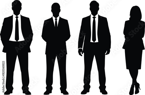 Business team silhouettes in formal attire standing confidently, professional corporate group illustration for leadership, teamwork, office workforce, HR and company branding visuals.