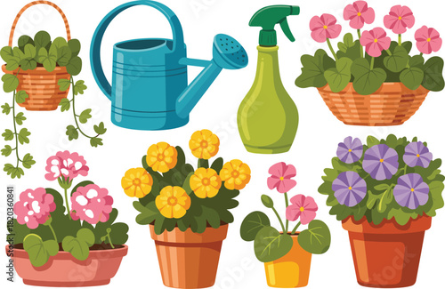 Gardening Composition with Potted Flowers, Watering Can, Basket Plants, and Spray Bottle Vector