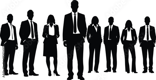 Business team silhouettes standing together in formal attire, corporate professionals group illustration, leadership concept, teamwork unity, office staff lineup