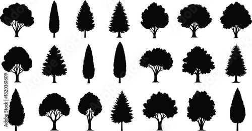 Collection of diverse tree silhouettes including deciduous and evergreen shapes, ideal for landscape design, nature illustrations, environmental graphics, and vector art