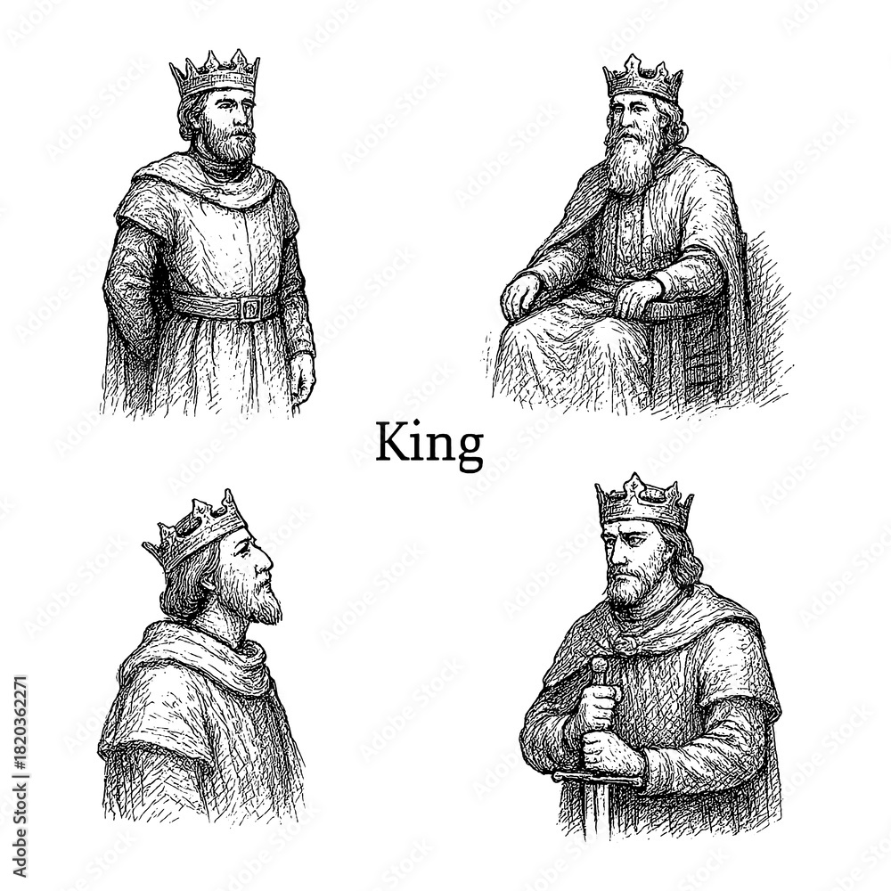 Fototapeta premium Medieval king in royal cloak and crown with varied poses, vintage engraving style, Transparent Background