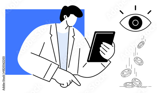 Man in a suit holding tablet, pointing to details, with eye monitoring falling coins. Ideal for finance, marketing, analytics, productivity, vision strategy monitoring. Simple flat metaphor