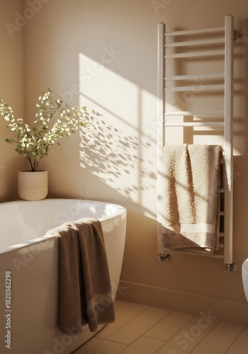 Modern Bathroom Interior with Freestanding Tub and Towel Warmer