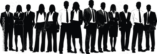 Corporate business team silhouette standing together in a unified group, professional diverse workforce illustration for teamwork, leadership, collaboration concepts