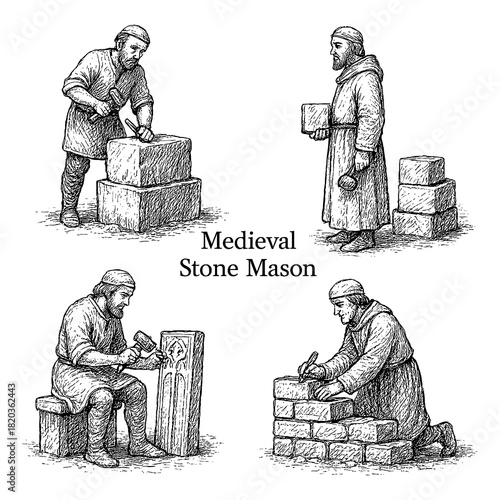Obraz na płótnie Medieval stone mason workers carving and shaping stone in vintage engraving styl