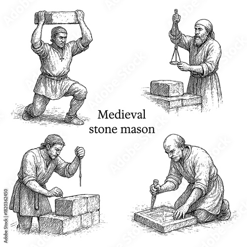Quadro em tela Medieval stone mason workers carving and shaping stone in vintage engraving styl