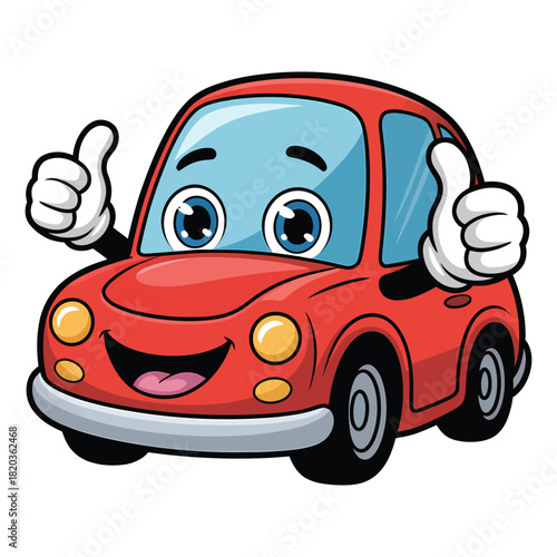 Happy red cartoon car character giving thumbs up, expressing approval and satisfaction