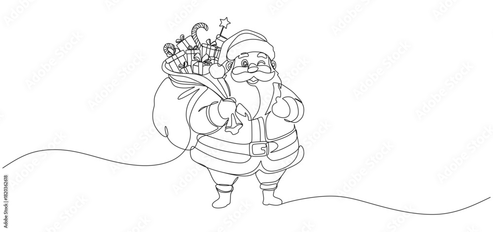 Fototapeta premium Santa Claus carrying gifts bag continuous line drawing