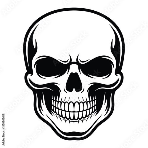 A detailed black and white illustration of a human skull, featuring prominent eye sockets, nasal cavity, and teeth