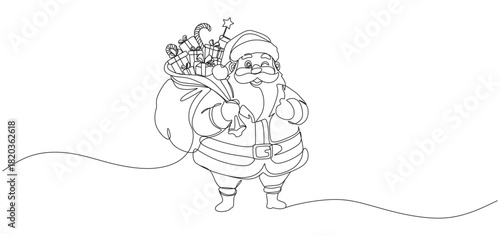 Santa Claus carrying gifts bag continuous line drawing