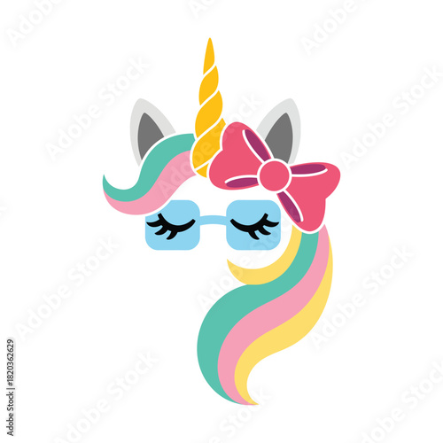 Cute cartoon unicorn head with a golden horn, colorful mane, blue glasses, and a pink bow