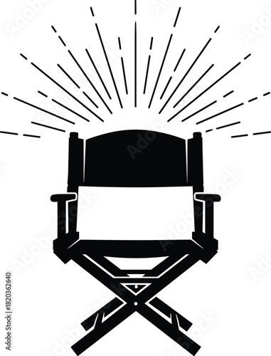 Director chair silhouette with shining rays, filmmaking symbol, creative leadership concept, movie production icon, cinema direction seat illustration, artistic entertainment design