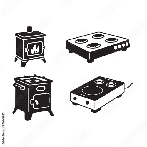Black Glyph Icons of Stove Appliances Wood Stove, Gas Range, and Induction Cooktop. 