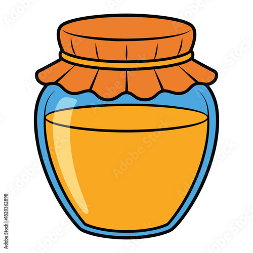 A cartoon illustration of a glass jar filled with golden honey, featuring an orange lid