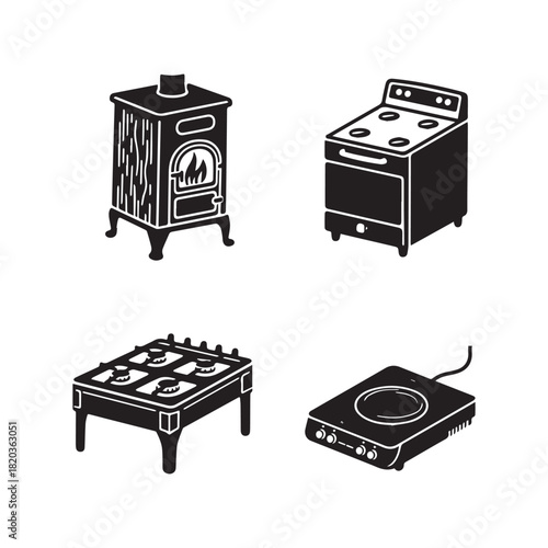 Black Glyph Icons of Stove Appliances Wood Stove, Gas Range, and Induction Cooktop. 