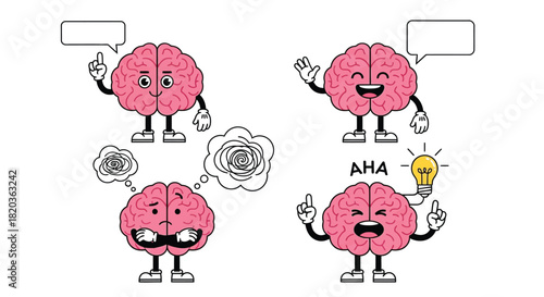 Brain cartoon mascot expressing ideas, confusion, and problem solving