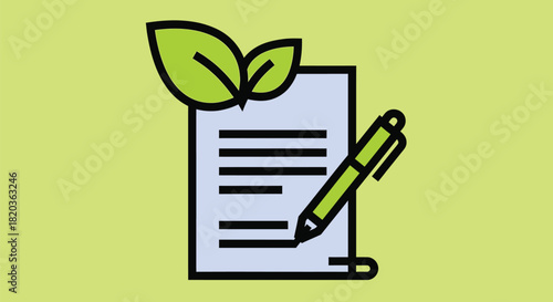 Write a sustainable plan with green leaves and pen on bright paper