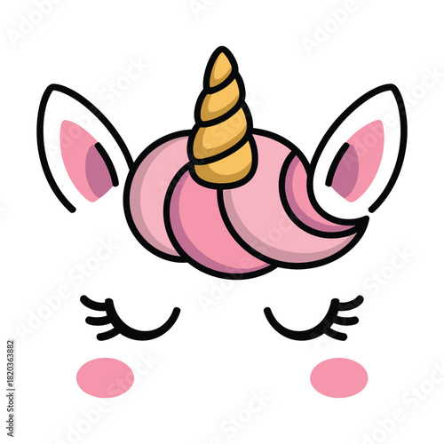 Cute cartoon unicorn face illustration with closed eyes, pink mane, golden horn, and rosy cheeks, perfect for childrens designs, magical themes, and fantasy