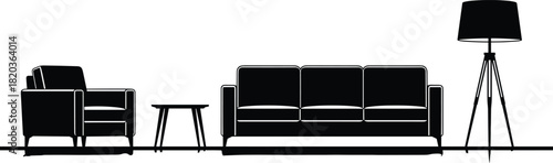 Modern living room interior with sofa, armchair, table, floor lamp, stylish minimalist furniture design silhouette illustration for home decor themes