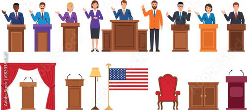 Political debate speakers at podiums, public speaking illustration set, election candidates presenting speeches with stage elements, podium icons, and decor