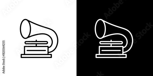 Minimalist line art icon of a vintage gramophone. Retro phonograph symbol representing old music, classic audio, and antique sound technology