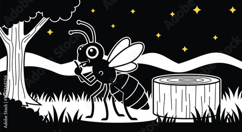 Whimsical ant character in a silent nature scene under starry night