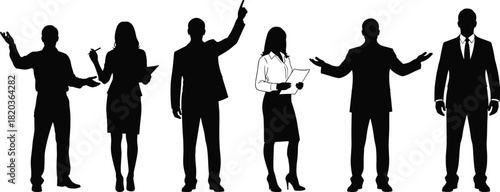 Professional business team silhouettes presenting, discussing, and communicating ideas in various poses, suitable for corporate design, marketing, training, and leadership concepts.