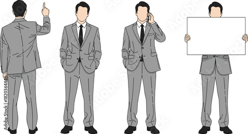 Professional businessman illustration set showing multiple poses, gestures and actions in corporate suit, ideal for presentations, business concepts, marketing visuals, and branding