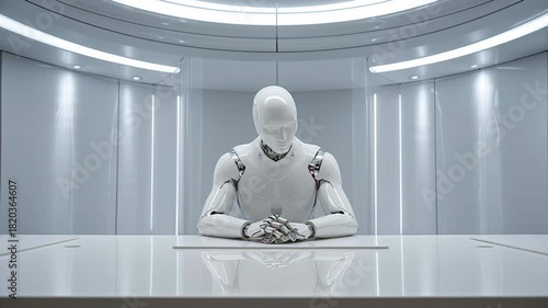 Advanced Humanoid Robot Sitting at a Table in a Futuristic Minimalist White Room