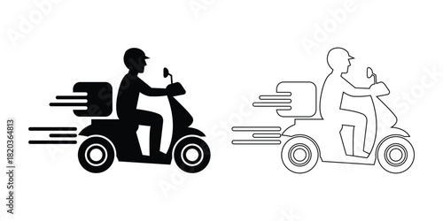 Fast Delivery Man on Scooter Silhouette and Line Art Vecto