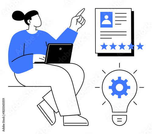 Woman working with laptop beside illustrated profile rating document and gear in light bulb. Ideal for concepts thumbs up recruitment, productivity, innovation, research, teamwork, evaluation