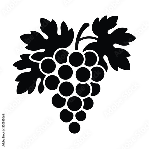 Stylized black silhouette of a grape cluster with two leaves, ideal for wine labels, food packaging, or agricultural themes