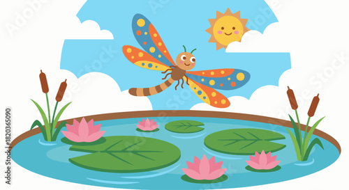 Dragonfly Over a Pond
Flat vector dragonfly flying above a small pond with lily pads
