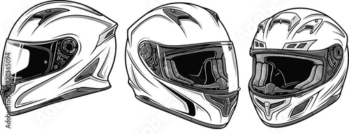 Set of detailed motorcycle helmets in multiple angles, showcasing modern design, safety gear, protective equipment, and stylish helmet illustration artwork