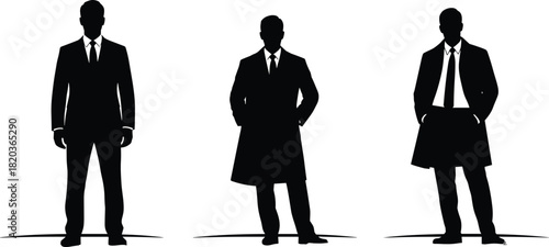 Silhouette business men in suits, professional male figures standing and posing, corporate executives illustration, formal attire characters for business concepts