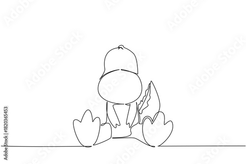 Single line drawing of a cute baby dinosaur sitting with big feet, a wildlife concept themed for cute wild animals cartoon sitting, ideal for nursery decor, stickers, and kids education assets.