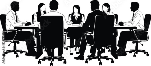 Silhouette business team meeting around conference table discussing strategy, teamwork collaboration, corporate communication, office professionals working together in organization management