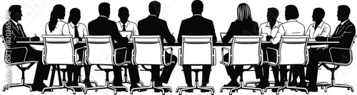 Silhouette business team seated around conference table in meeting, ideal for corporate presentations, teamwork concepts, office strategy, discussion, and leadership graphics