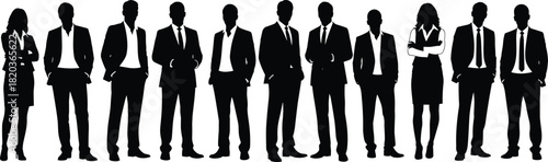 Silhouette business team standing together in formal attire, professional corporate group illustration representing leadership, teamwork, office staff and organization