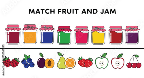 Fun educational matching game with colorful fruit and jam jars