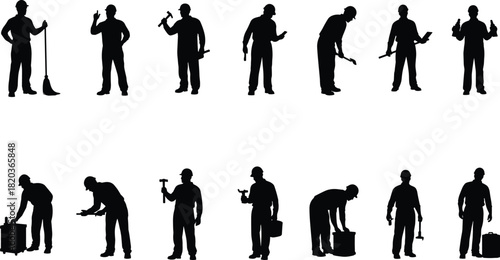 Silhouette construction workers performing various tasks with tools, labor icons, handyman actions, industrial occupations, professional workforce illustrations for stock
