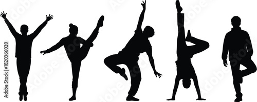 Silhouette group of people dancing, jumping, balancing and performing dynamic poses in various action movements, energetic expressive figures on white background
